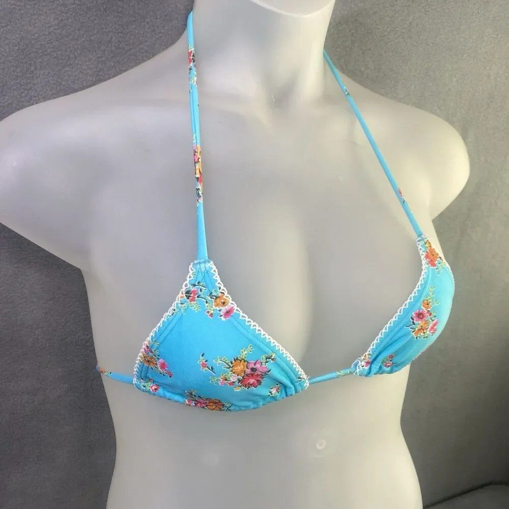 AGUA DOCE Brazilian 2-pc Bikini Size Large Blue Flowers Lace Trim Hip Tie